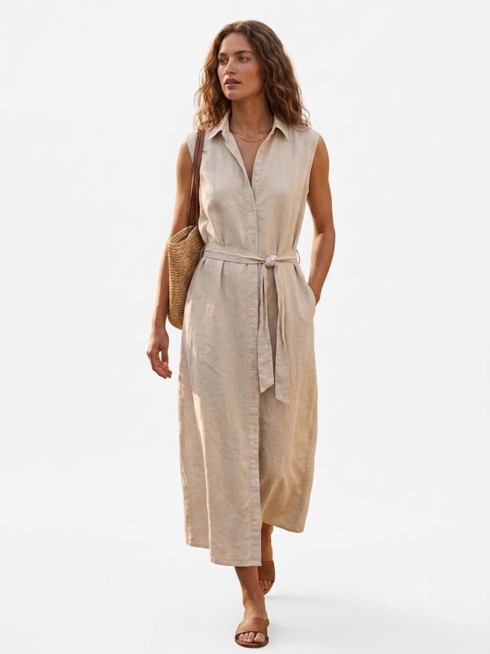 NWT Linen Cotton Sleeveless Midi Shirt Dress Beige Natural by Joe Fresh Sz 18W